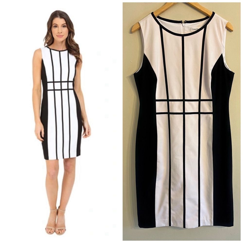 Calvin Klein grid pattern light pink and black sheath dress
